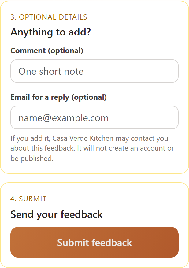 Example feedback form showing optional comment and email fields and the submit button.