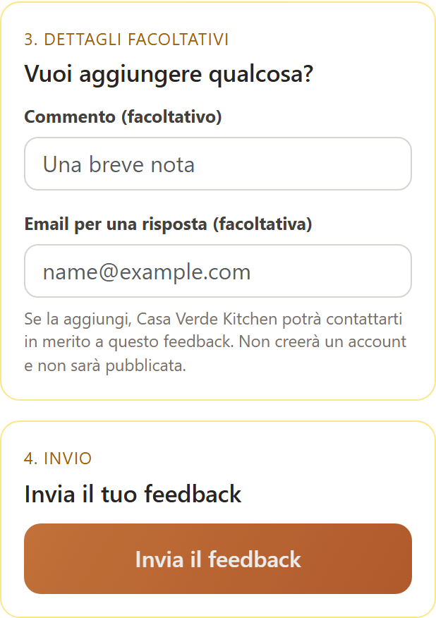 Esempio di modulo di feedback con commento ed email facoltativi e il pulsante di invio.